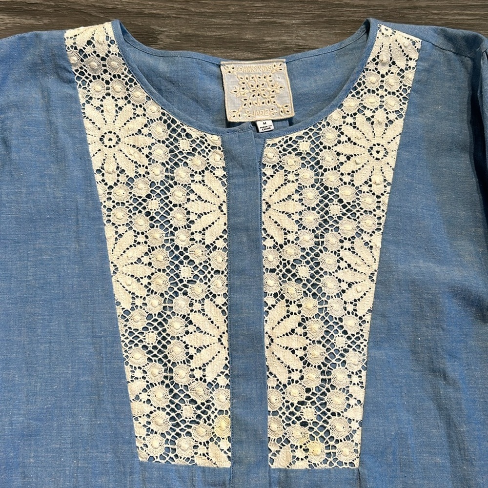 Johnny Was Thalassa Chambray Lace Blouse Medium Cottagecore Boho Anthropologie - Picture 6 of 15